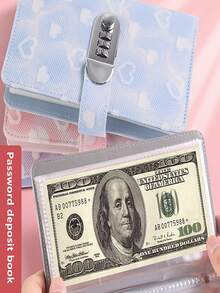 密码锁存钱罐，可爱心形图案，方便，适合女性，包含 50 页，可容纳超过 100 张支票、账单、照片、邮票和银行卡，方便存储和管理 - 灰色 - 查看 10