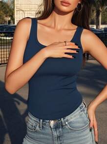 1pc Women's Minimalist Casual Tank Top With Bra , Sleeveless Rib-Knit Scoop Neck Vest Top.