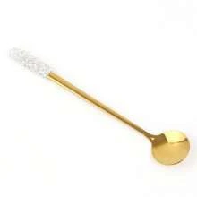 1PC High End Glass Crystal Rhinestone Long Handle Spoon, Coffee Spoon, Long Handle Serving Spoon, Ice Cream Mixing Spoon, Elegant Home Kitchen Utensil Accessory, Thick Design, Perfect For Use In Homes, Hotels, Bars, And Restaurants.,School Supplies