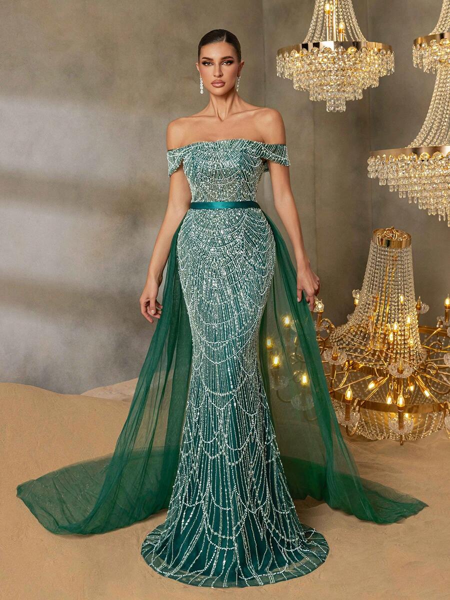 Elisanya Váy dài đuôi cá lấp lánh hở vai Haute Glamour với đuôi váy bằng vải tuyn quá khổ và dây buộc eo - Váy dạ hội Maxi thanh lịch cho các sự kiện trang trọng, lễ kỷ niệm đặc biệt và tiệc sang trọng - Màu xanh lá cây đậm - Xem 1