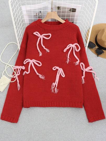Women's Autumn And Winter Fashion, New Season, Contrasting Color 3D Bow Decoration, Round Neck, Thick Long Sleeve, Youthful Street Style Knitted Set With Red Beanie, Suitable For Streetwear, Daily Wear, Festive Occasions, And Airport