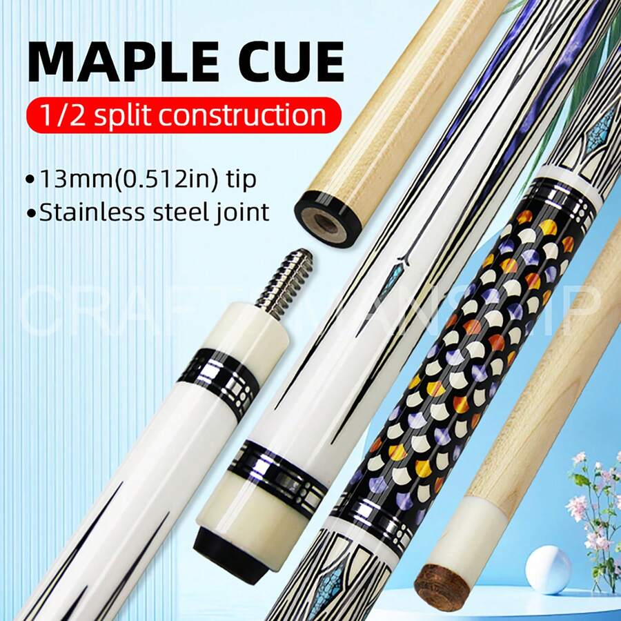 Pool Stick 58in Billiard Cue With 13mm Tip Hard Maple Pool Sticks For Adults White Decal Design 19~21oz For Pool Table Bar House - White - View 1