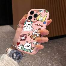 Vibrant Pink Silicone Phone Case With Artistic Cartoon Dog Design (White Dogs, Playful Poses, Accessories Like Headphones And Bags, Text "HAPPY", "Hello", Heart And Star Elements, Cute Dog - Themed Graphics) - Stylish, Shockproof, Thick Protective Cover For IPhone 16/16 Pro/16 Plus/16 Pro Max/15 Pro Max/13/14/12 - Blue - View 6