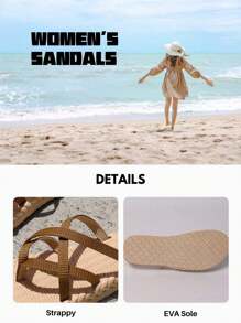 planare 女士时尚休闲度假优雅圆头编织PU露趾舒适日常夏季棕色凉鞋平底凉鞋