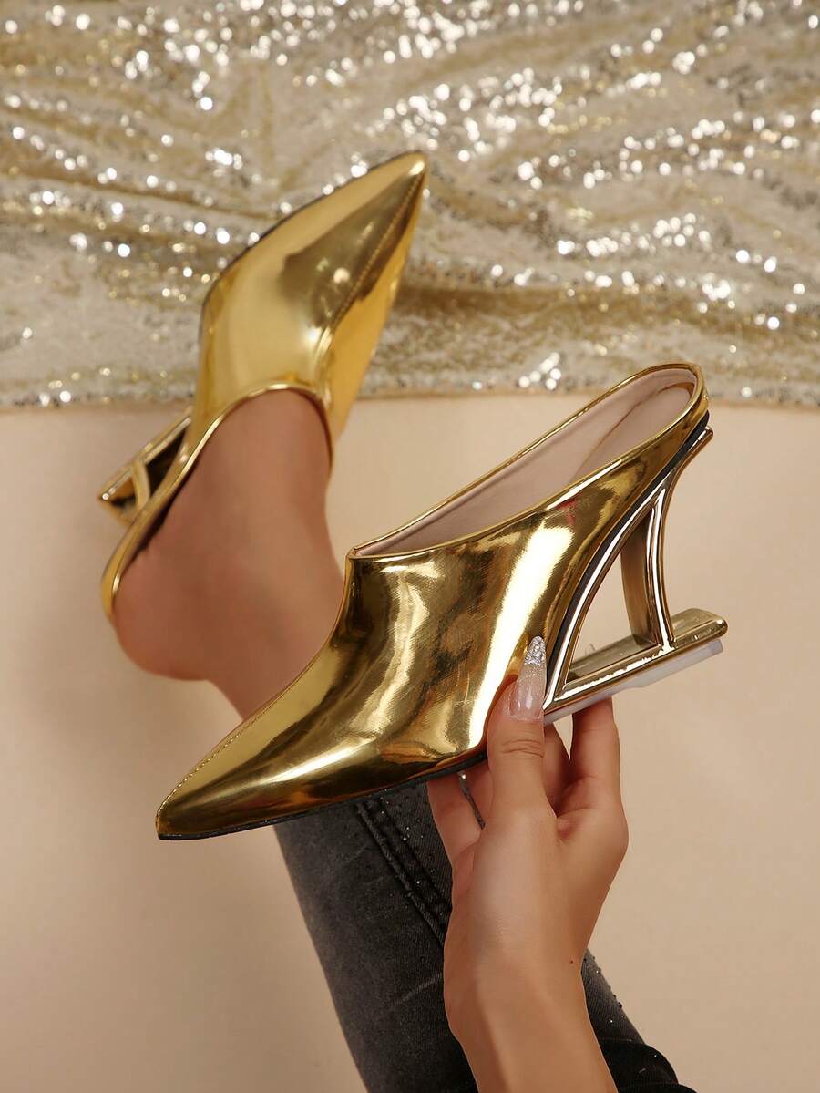 女士不对称高跟鞋，时尚 PU 皮革闪亮派对、婚礼、节日、办公室和户外服装，春秋季 - 金色 - 查看 1