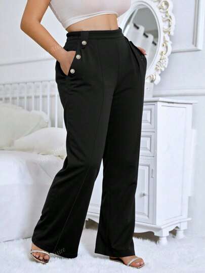 Plus Size Wide Leg Women Pants - Suit Fabric With Metal Buckle & Pockets | Comfortable Wide Leg Pants With Pockets For Daily Wear