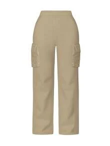 女士时尚纯色休闲工装裤，带口袋，百搭日常穿着，春、秋、冬 - 卡其色 - 查看 4