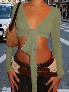 Women Fitness Yoga T-Shirts Solid Color Tie-Up Front V-Neck Long Sleeve Bottoming Shirt Seamless Workout Crop Tops Shrugs - 綠色 - 查看 1