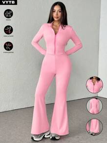 2件套性感女士新款时尚修身休闲裤套装 - 粉色 - 查看 2