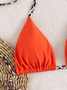 Set de 2 piezas Bikini minimalista y sexy con tiras de cuello halter y estampado de leopardo, para mujer