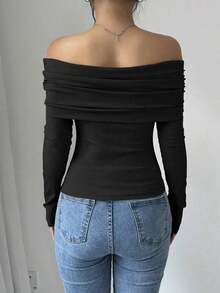 Women's Elegant Off Shoulder Ruffle Long Sleeve Solid Color Blouse - Negro - Ver 2
