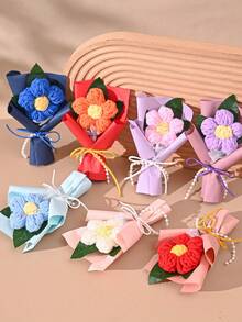1 Set Artificial Flower Bouquet, Wrapped In Gift Paper, 1 Bouquet Of Crocheted Flowers, Suitable As Birthday Or Anniversary Gift For Teachers, Mothers, Best Friends, Women, Mother's Day, Valentine's Day, Wedding Memento, Holiday Party Home Decor, Christmas Gift, Can Be Used For Home, Dining Table, Bedroom, Bathroom, Desk Decoration. - Multicolor - View 6