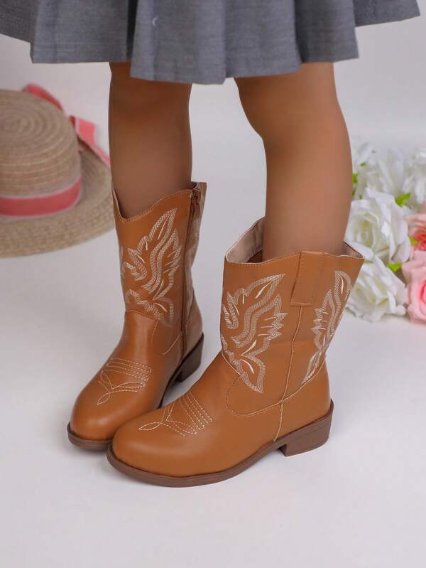 Autumn/Winter New Children's Boots, Embroidered Fashion Western Cowboy Boots, Pointed Toe Chunky Heel Lightweight Ankle Boots, Suitable For Big Kids Girls Outdoor, Party & Play