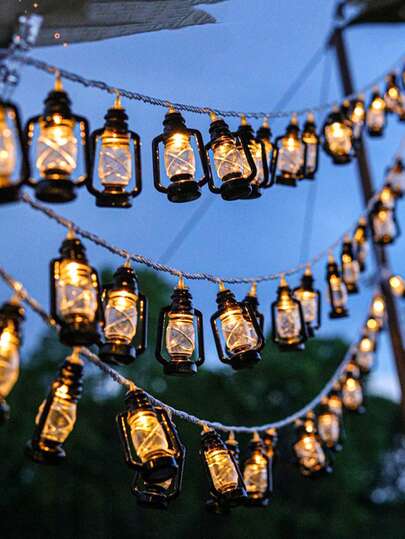 1串4.9/9.8英尺塑料煤油灯装饰灯串，电池供电，复古黑色灯笼灯，适用于家居、房间、花园、露营、派对、庭院装饰、斋月和开斋节装饰