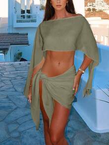 Women's Summer 2 Pieces Set Featuring Voluminous Sleeve Design Wrap Skirt, Fashionable & Elegant Resort/Vacation Style, Daffodil Yellow