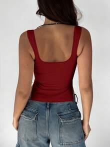 Mystra Summer Casual Solid Color Pleated Side Slit Camisole - Burgundy - View 6