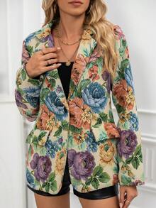 Women's Fashion Floral Print Lapel Single-Breasted Mid-Length Casual Long Sleeve Blazer, Spring/Autumn