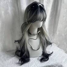 28 英寸黑白渐变长波浪假发 女士长卷发假发 带刘海 合成假发 万圣节派对