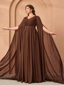 MgiacyV Elegant Folded Skirt With Flowing Sleeves Of Silk With A Large Hem In Green Dress - Coffee Brown - View 5