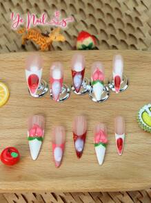 Add A Touch Of Romance With 10pcs Stiletto Shape Y2K Classic French Tips Gradient White And Red Japanese Style Full Coverage Fake Nails Set Creative Summer 3d Three-Dimensional Decoration Peach Novelty Funny Full Cover Press On Nails Kit For Women And Girls With 1pc Mini Nail File & 1 Sheet Adhesive Tabs