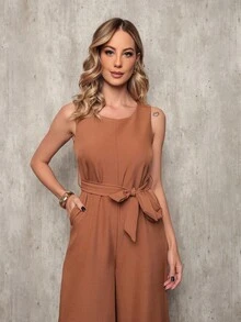 Sophisticated Everyday Jumpsuit With Wide Legs, Bow Ties And Pockets - Coffee Brown - View 3