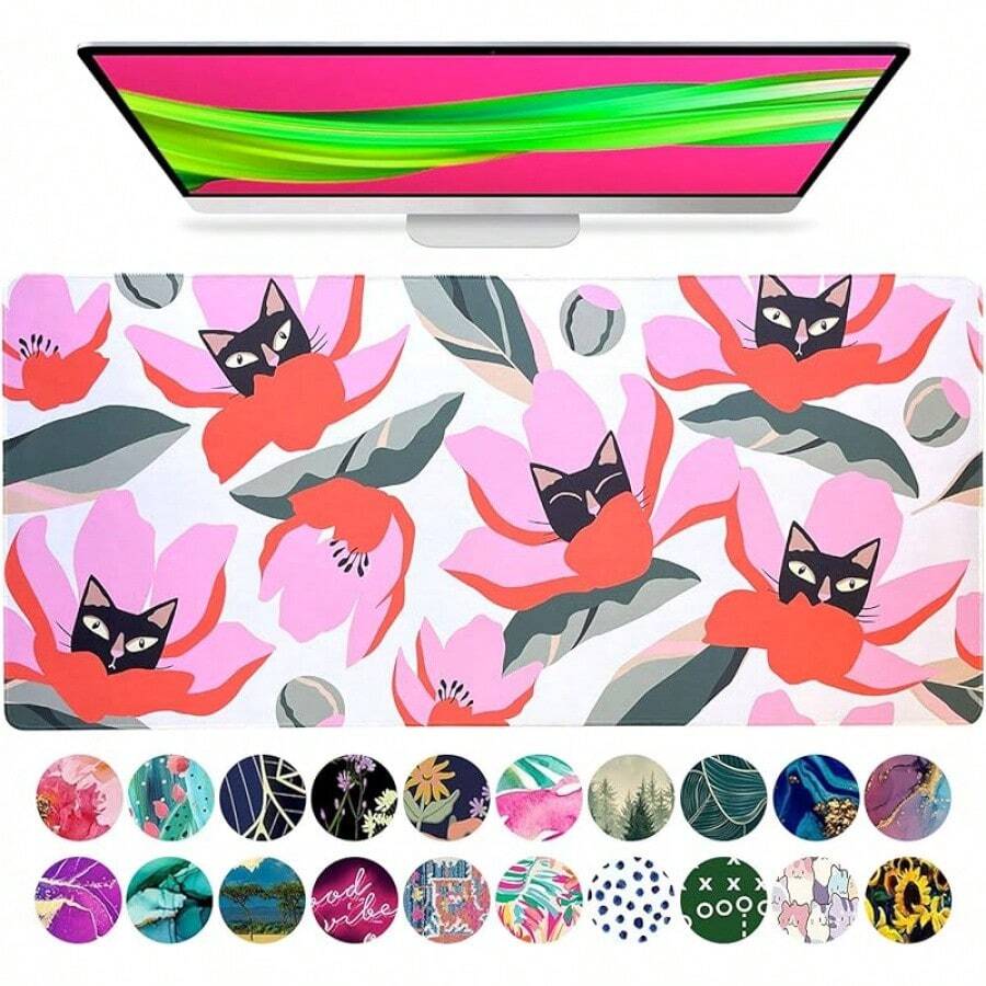 French KOKO Desk, Large Desk Pad Large Mouse Pad Cute Desk Accessories Home Office Essentials XL Desk Desk Pad Keyboard Mouse Desk Pads On Top Of Desks Computer Pink Floral Women Girls - Meow - 查看 1