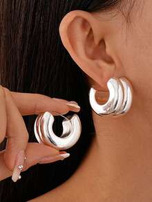 1 对简约优雅几何光滑双层 C 形耳钉，适合女性日常通勤奢华珠宝 - 彩色 - 查看 6