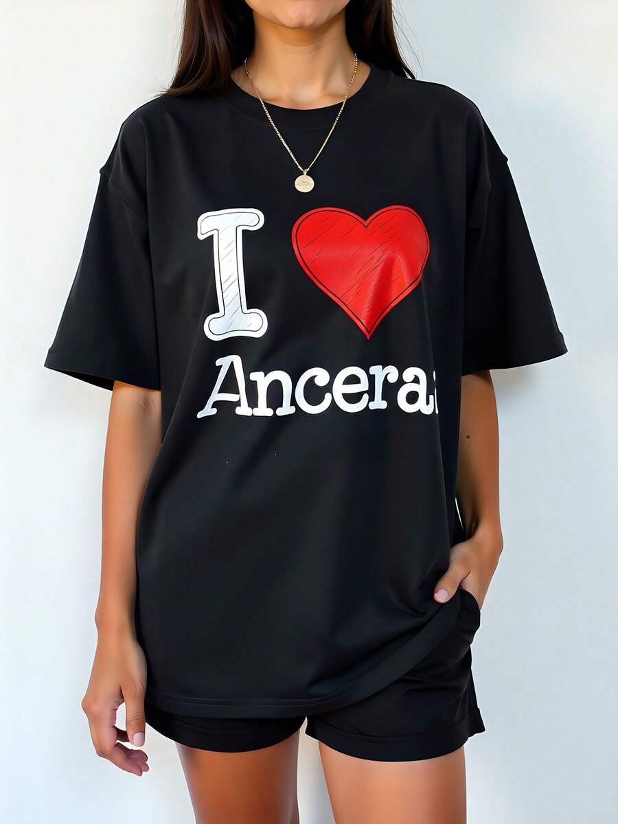 Camiseta negra de mujer 180g, con estampado "I Anceras", en algodón, estilo casual, cómoda y ligera, diseño moderno, manga corta y cuello redondo, ideal para el verano, T-shirt perfecta para amantes de Anceras, moda joven urbana. - Negro - Ver 1