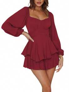 Women Puff Long Sleeve Romper Off Shoulder Ruffle Flowy Short Jumpsuit Layered Pirate Dress With Shorts Playsuit - Burgundy - View 1