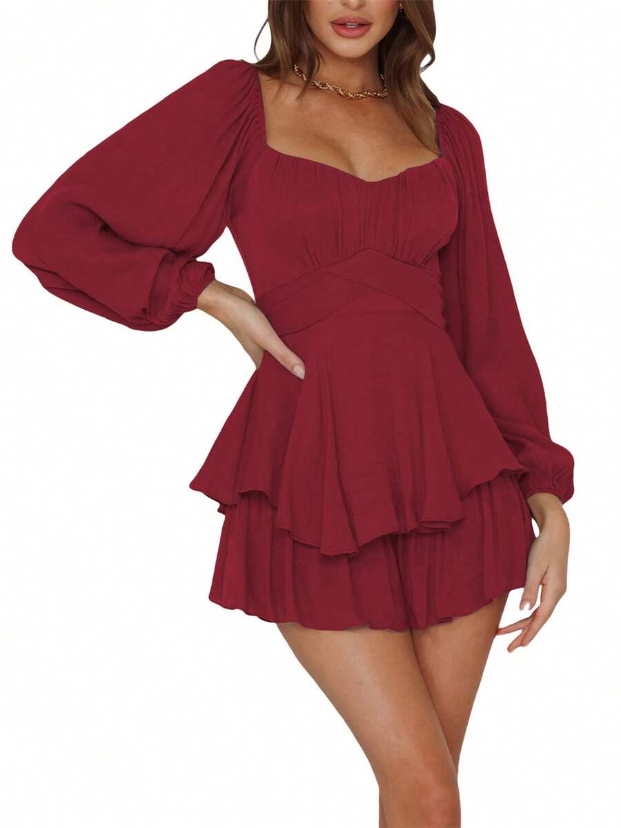 Women Puff Long Sleeve Romper Off Shoulder Ruffle Flowy Short Jumpsuit Layered Pirate Dress With Shorts Playsuit - Burgundy - View 1
