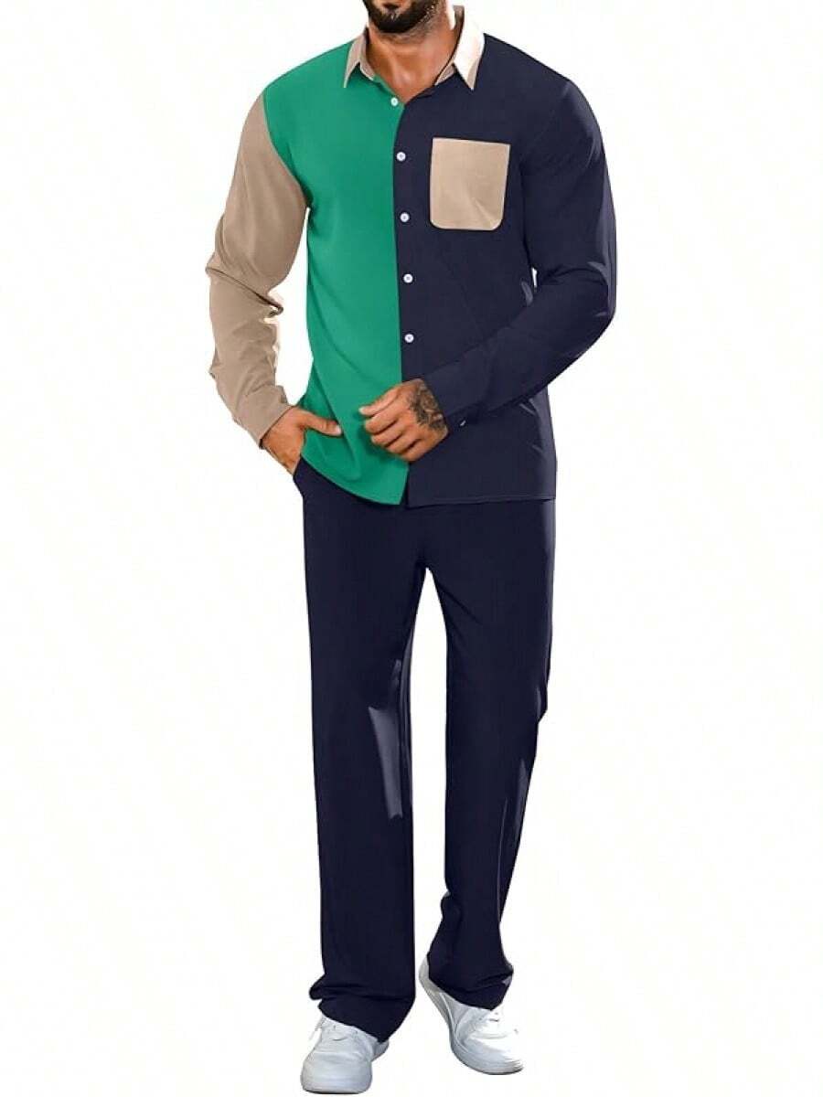 Mens 2 Piece Color Block Outfits Casual Long Sleeve Color Block Shirts And Pants Matching Set Sweatsuit-2025 - Navy Blue - View 1