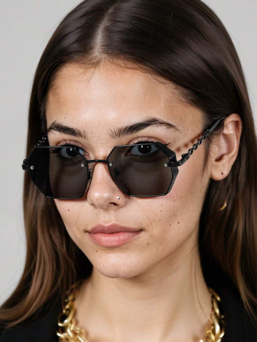 1 件装女士时尚多边形双桥链腿镂空时尚眼镜，复古偏光黑色，驾驶和户外活动必备几何形状太阳镜