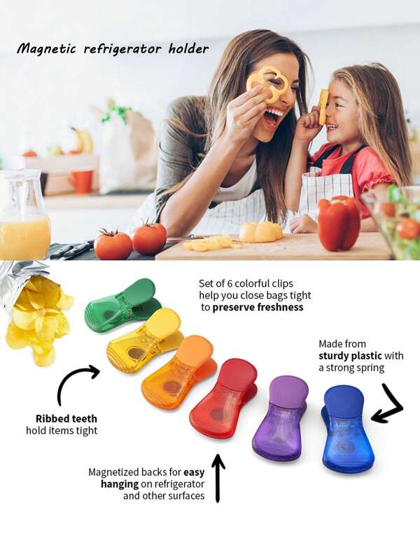 6pcs Chip Clip Bag Clips, Multipurpose Food Storage Clips, Different Sizes Heavy Duty Wide Mouth Sealing Clips For Snacks/Brightly Colored Magnetic Refrigerator Clips, Kitchen Bag Sealer Tools For Home Pantry Organization