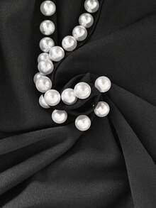 黑色优雅性感珍珠露肩长袖连体裤，适合日常约会、派对、单身聚会和春季穿着。可机洗涤纶混纺面料。 - 黑色 - 查看 5