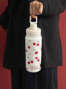 1pc 600ml/800ml/1000ml Sweet Cherry Pattern Double Wall Stainless Steel Insulated Tumbler, Outdoor Sports Water Bottle, Flat Bottom Cup, Water Cup, Tea Pot, Tea Cup, Coffee Cup, Water Bottle, Fitness Sports Water Cup; Suitable For Office, Outdoor, Gym, Travel, Home And Other Scenarios; Birthday Gift, Valentine's Day Gift, Mother's Day Gift, Graduation Season, Back To School Season And Other Holiday Gifts