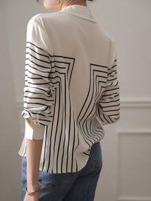 YUXIN Women's Spring/Autumn Geometric Striped Silk Blouse, Long Sleeve Fitted Collared, Breathable & Fashionable, Suitable For Office/Light Social Occasions - Multicolor - View 11