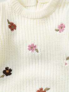 Newborn Knitted Cute Floral Embroidered Bodysuit - White - View 4