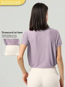GOSOUER 女士提花圆领宽松可调节抽绳运动健身上衣速干瑜伽上衣T恤