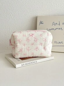 花卉绗缝化妆包，拉链八角形手提化妆包，大容量绗缝化妆包，可爱花卉女士洗漱包，蓬松化妆包，礼物，生日礼物，旅行必备，度假，暑假，返校季，背包，旅行包，女士化妆包 - 粉色 - 查看 4