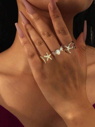 3pcs Metal Ocean Series Rings Set Includes 3D Starfish & Shell Adjustable Rings, Suitable For Women Party/Vacation Wearing, Girlfriend Gift
