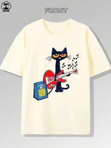 Vibrant Music Guitar Kitten Print T-Shirt -180g, Pure Cotton Short Sleeved Round Neck Top, Fashionable And Casual Boutique Men's T-Shirt,High Quality - 杏色 - 查看 1