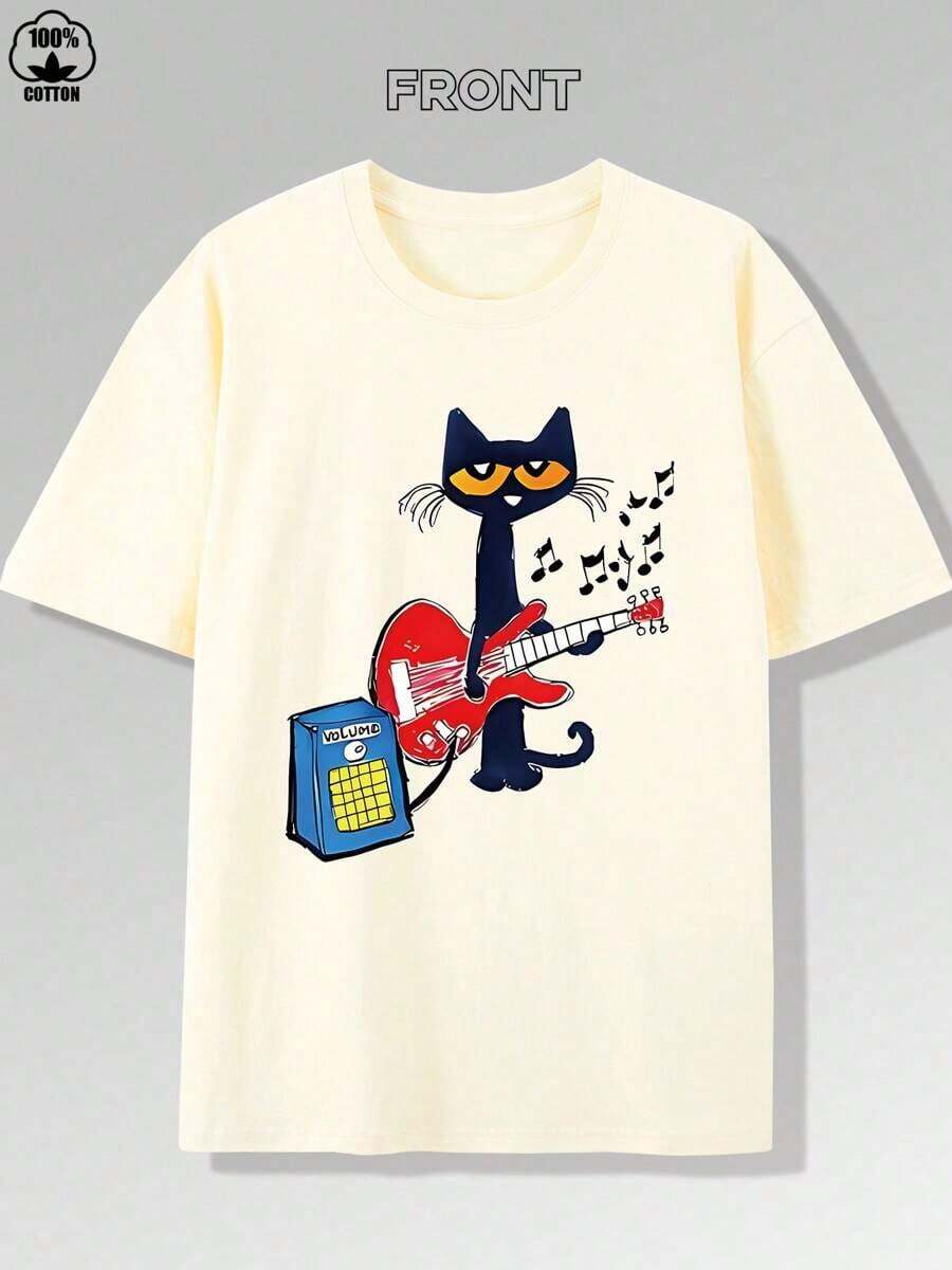 Vibrant Music Guitar Kitten Print T-Shirt -180g, Pure Cotton Short Sleeved Round Neck Top, Fashionable And Casual Boutique Men's T-Shirt,High Quality - 杏色 - 查看 1