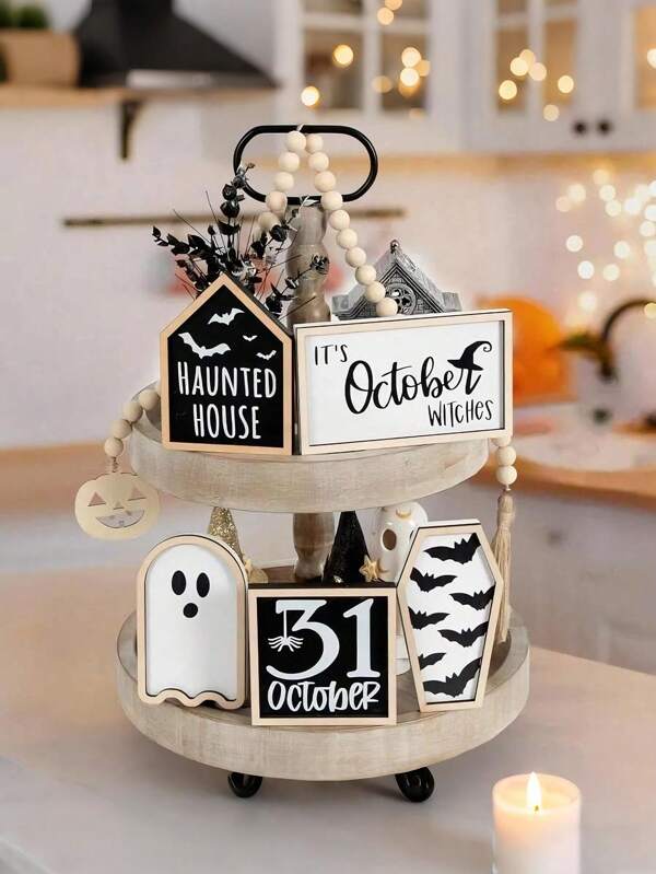 Halloween Decorations (Set Of 5) 2D Halloween Stupid Decorations - Bat Coffin, House, Ghost, 10th October Label - Autumn, Christmas