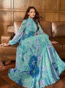 Faeriesty Druck elegantes Chiffonabendkleid mit Blumendrucken, hoher Kragen Glockenärmel - Geschichtetes Rüschenoberteil, perfekt für boho Gartenhochzeiten, vintage Braut-Bankette und rote Teppich Auftritte