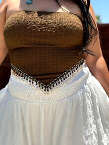 Truni Elyhuante_03 Women Sexy Casual Retro Elastic Knit Beaded Tassel Tube Top, For Pear Triangle Body Shape