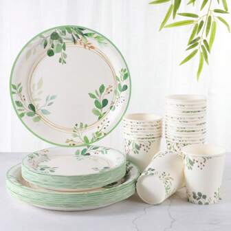Set Of 7"/9" Disposable Sage Green Leaf Print Paper Plates & Cups, Party Supplies For 24 Guests, Suitable For Birthday, Wedding, Party, Picnic