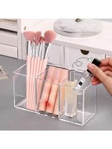 1pc Acrylic Smooth Three Compartment Brush Holder, Office Desktop Cosmetics Storage Box, Transparent Plastic Makeup Brush Holder, Toilet Vanity Storage Rack, Suitable For Brush, Eyebrow Pencil, Cosmetics Storage, Bathroom Storage, Perfume Stand ShelfBedroom Storage, Bedroom Decoration, Travel Essentials, Bathroom Accessories