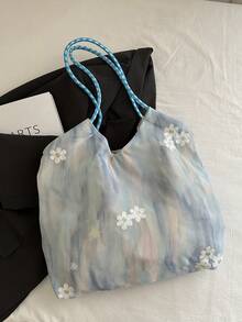 女士大容量通勤包，2025水彩画和云朵印花托特包，优雅斜挎单肩包 - 藍色 - 查看 3