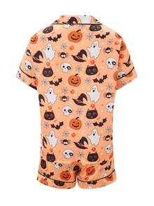 Women Halloween Pajama Set, Ghost Pumpkin Print Short Sleeve Button Closure Top With Shorts Sleepwear Loungewear - 金色 - 查看 3