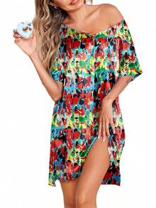 Women Satin Nightgowns Short Sleeve Silk Sleepwear Boyfriend Casual Dresses With Chest Pocket S-XXL - Pat1-彩色 - 查看 1